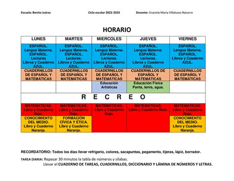 Horario 1B Sss Escuela Benito Jurez Ciclo Escolar 2022 2023