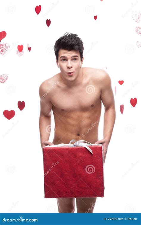 Funny Naked Man Holding Christmas Gift Stock Photo Image Of