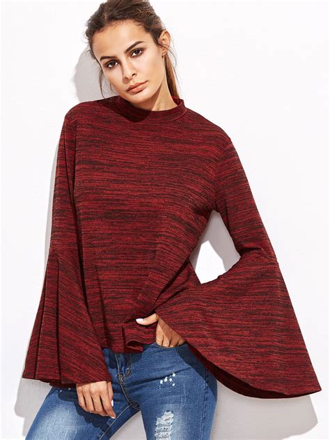 Shop Red Marled Knit Bell Sleeve Split Back T Shirt Online Shein