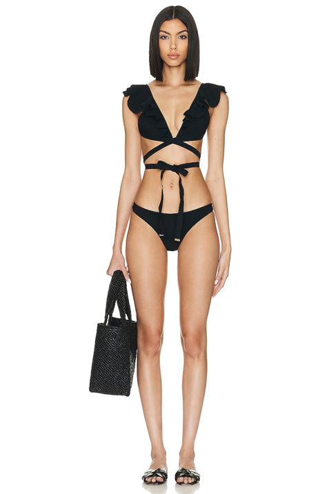 Zimmermann Halcyon Wrap Ruffle Bikini Set In Noir In Noir Fwrd