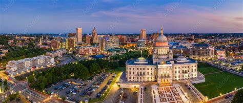 Aerial Panorama Of Providence Skyline And Rhode Island Capitol Building At Dusk Providence Is