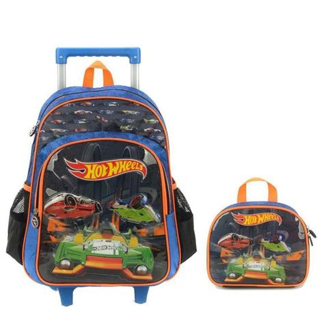 Kit Mochila Infantil Rodinhas Hot Wheels Lancheira Azul Escuro Kit Mochila Infantil