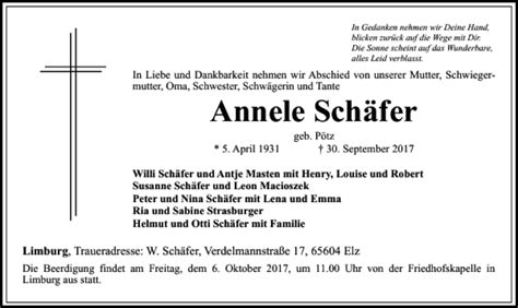 Traueranzeigen von Annele Schäfer trauer rheinmain de