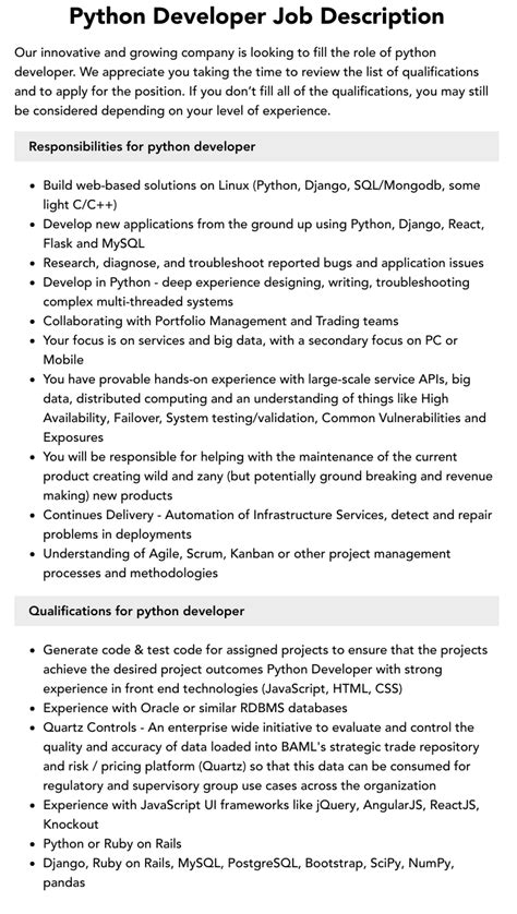 Python Developer Job Description Velvet Jobs