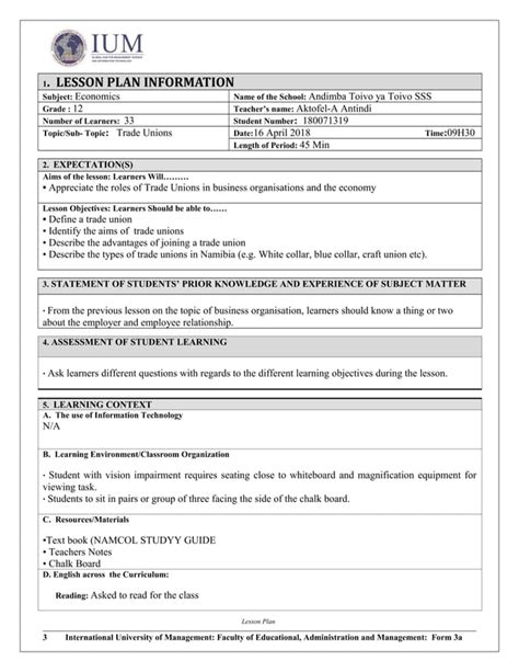 Lesson Plan Template Economics Grade 12 Pdf