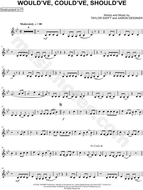 Taylor Swift Wouldve Couldve Shouldve F Instrument Sheet Music