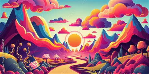 Colorful psychedelic landscape cartoon style wallpaper. 70s Hippie Clouds, Rainbows, sun ...