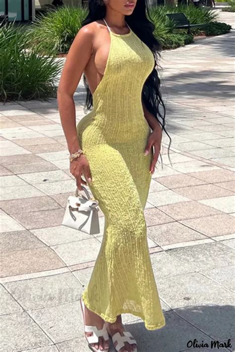 Olivia Mark Chic And Elegant Yellow Bandage Backless Halter Long