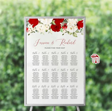 Rosie Red Floral Wedding Seating Chart Red And White Roses Etsy