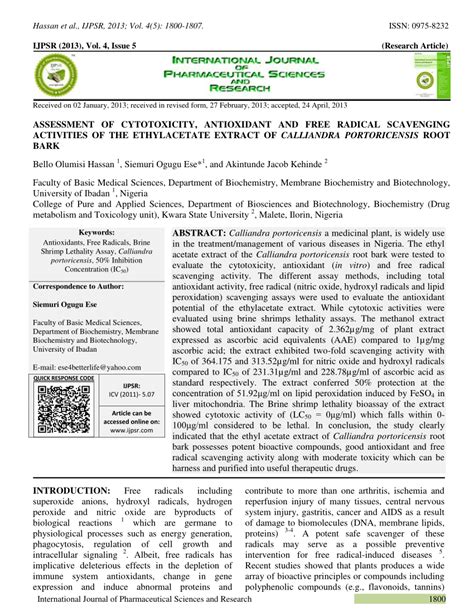 Pdf Assessment Of Cytotoxicity Antioxidant And Free Radical