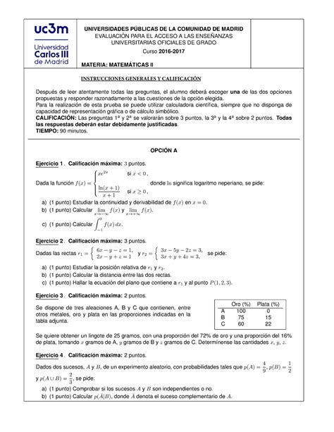 Matem Ãticas II Modelo examen UNIVERSIDADES PUBLICAS DE LA