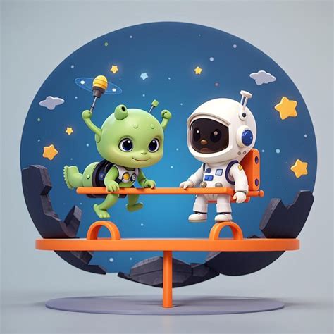 Premium Photo Cute Astronaut And Alien Playing Seesaw With Star