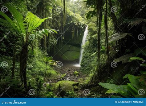 Majestic Waterfall Cascading Into Lush Jungle Valley Stock Illustration