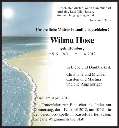 Traueranzeigen Von Wilma Hose Trauer Hna De