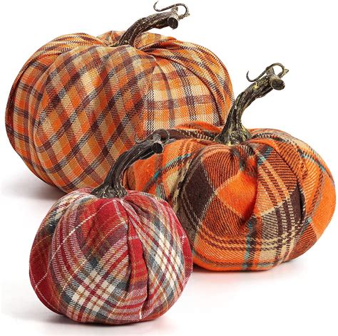 Artificial Pumpkins, 3PCS Fabric Pumpkins Burlap Pumpkins Assorted Fake ...