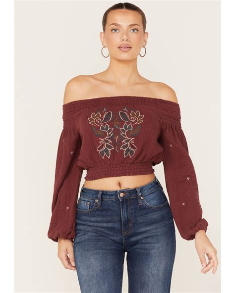 Product Name Shyanne Womens Off Shoulder Embroidered Crop Top