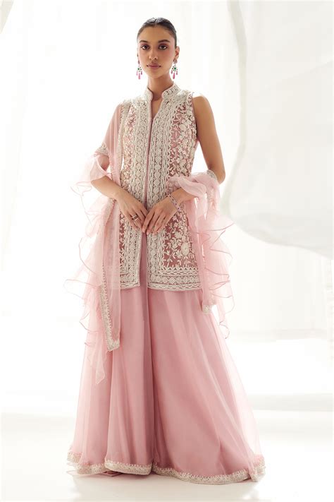 Buy Pink Kurta Net Embroidered Resham Halter And Sequin Sharara Set For