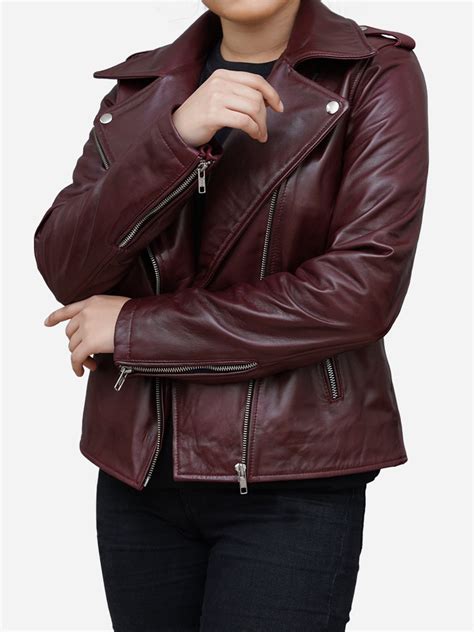 Womens Burgundy Leather Biker Jacket