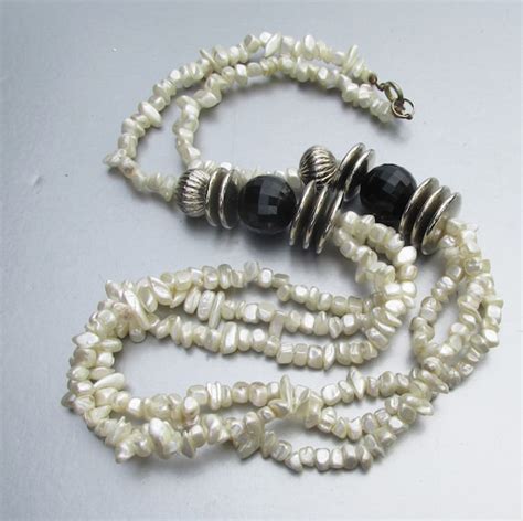 Three Strand Freshwater Pearl And Black Bead Long Chunk Gem