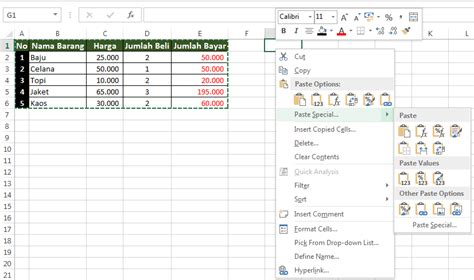 Jenis Paste Pada Aplikasi Excel