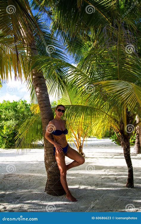 Young Woman Under The Palm Tree At Tropical Beach Stock Image Image