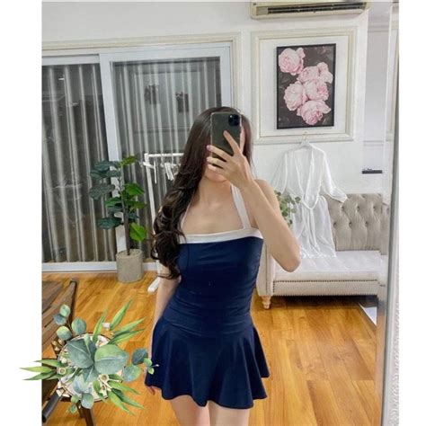 Bikini Nữ Đồ Bơi Nữ Liền Mảnh Váy Xòe Nhún Bụng Màu Xanh Đen Viền Ngực Trắng Kín Đáo