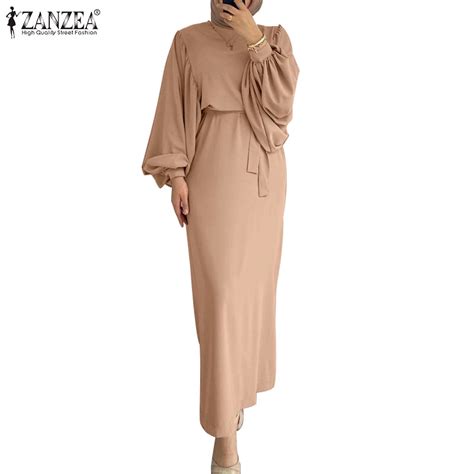 Zanzea Women Vintage Lace Up Solid Puff Sleeve O Neck Muslim Long Dress