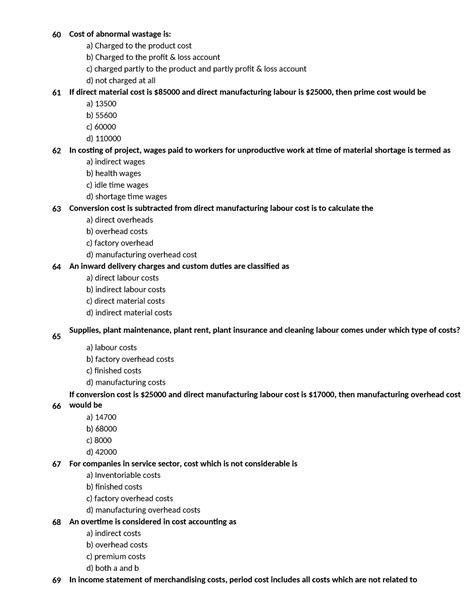 Cost Accounting Mcq For Practice Cost Of Abnormal Wastage Is A