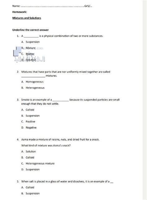 أوراق عمل درس المخاليط والمحاليل Mixtures And Solutions الصف الخامس