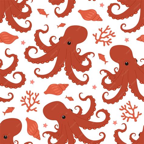 Premium Vector Seamless Pattern With Cute Red Octopuses Seaweed