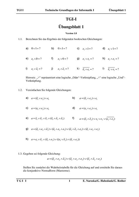 TGI I Uebungen Blatt 1 Übung 1 Technische Grundlagen der Informatik
