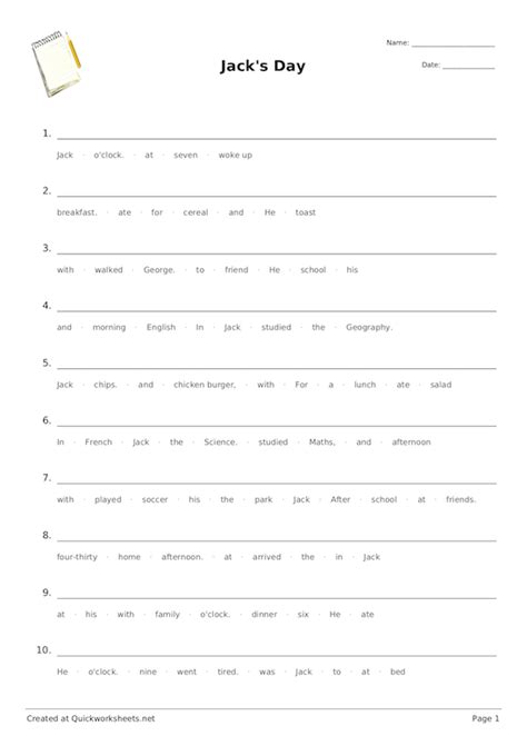 Sentence Scramble / Sentence Jumble Worksheet Generator - Quickworksheets.net