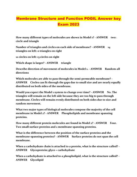 SOLUTION Membrane Structure And Function Pogil Answer Key Exam 2023