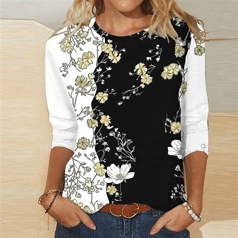 CFLVAEK Women Freehand Style Floral Prints Tunic Tops Round Neck 3 4