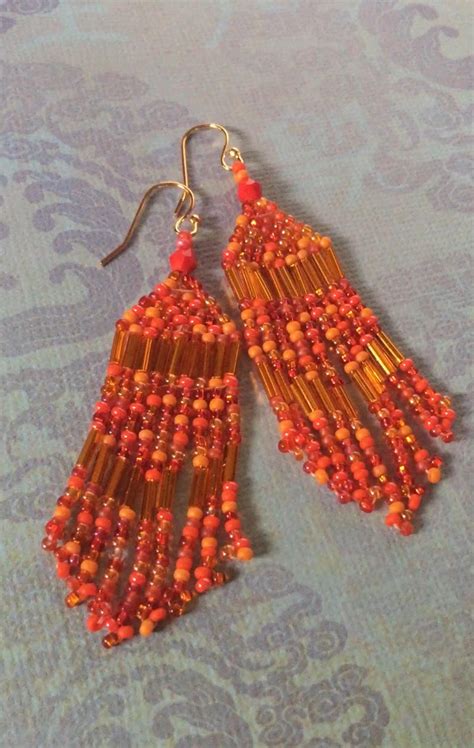 Beaded Fringe Seed Bead Earrings Bright Orange Beaded Dangle Etsy