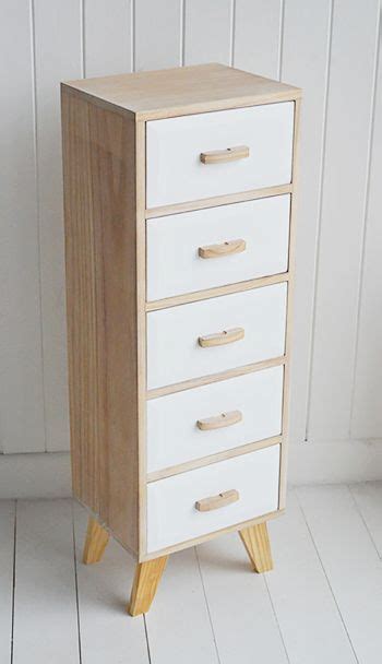 Wood And White Tall Narrow Cabinet With 5 Drawers Hamptons Cabinet