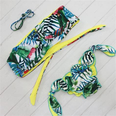 Buy 2017 Female Sexy Halter Push Up Thong Bandeau Biquini Ruffled Swimsuit