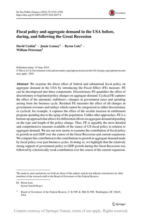 Fiscal Policy And Aggregate Demand In The Usa Before During And
