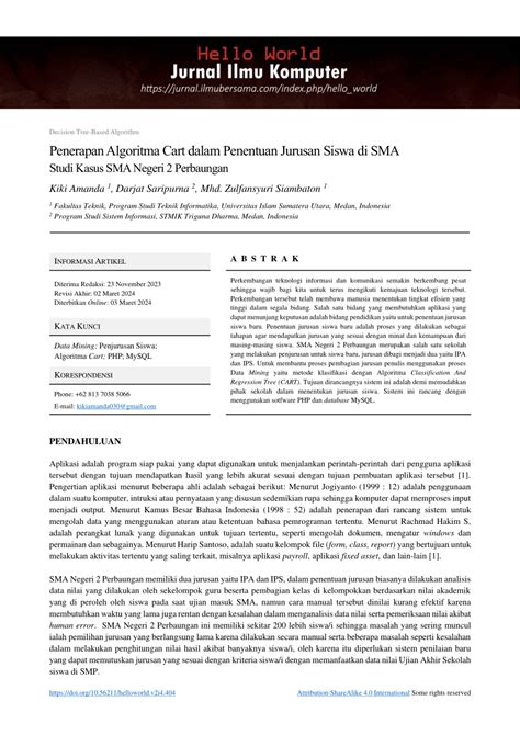 PDF Penerapan Algoritma Cart Dalam Penentuan Jurusan Siswa Di SMA