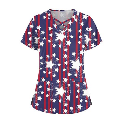 Mohiass Independence Day Pockets Scrub Tops Women Patriotic Short