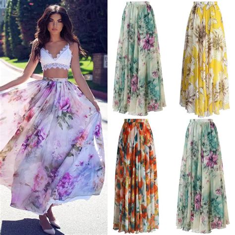 Women Floral Print Chiffon Skirt Ladies Women High Waist Floral Evening