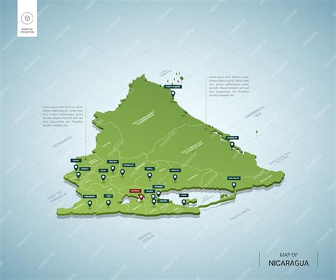 ニカラグアの定型化された地図。都市、国境、首都マナグア、地域の等尺性3dグリーンマップ。 プレミアムベクター