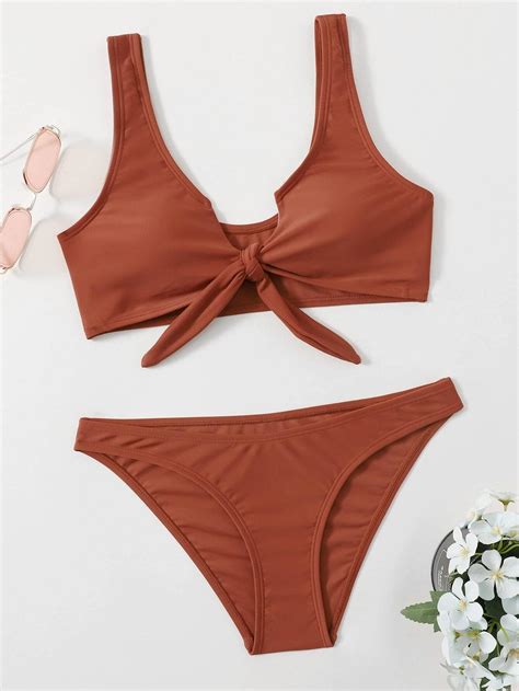 Bañador bikini con nudo delantero unicolor Moda de Mujer SHEIN México