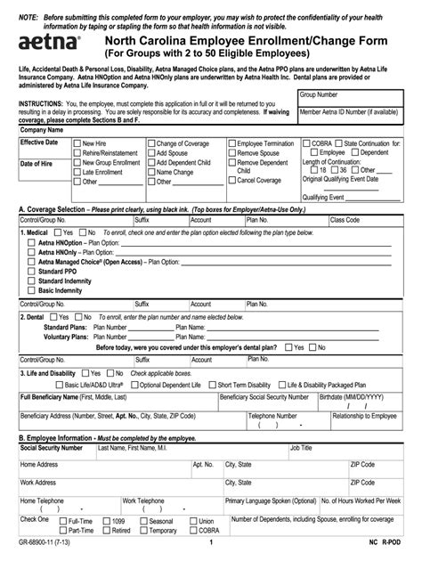 Fillable Online North Carolina Employee Enrollment Change Form 2 50