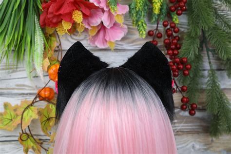 Black And Pink Cheshire Cat Ears And Tail Set Faux Fur Etsy