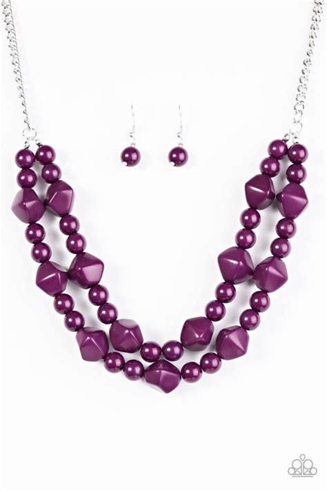 Paparazzi Galapagos Glam Purple Bead Silver Chain Necklace And Earring