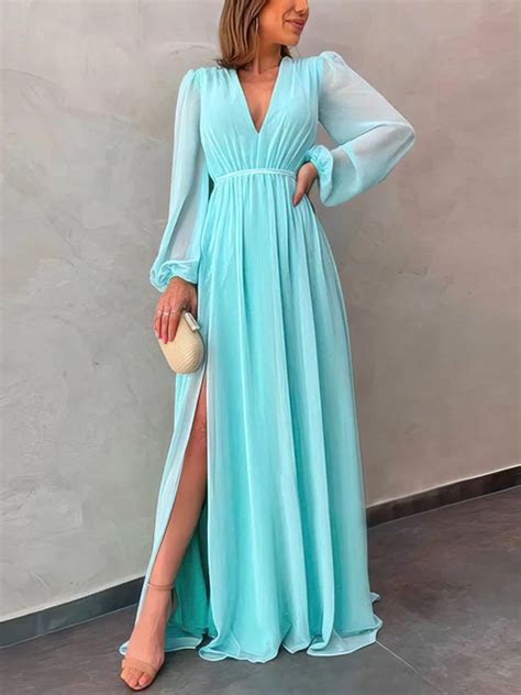 A Line V Neck Chiffon Sweep Train Prom Dresses With Split Front