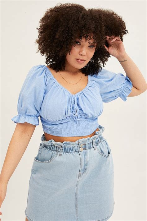 Light Blue Crop Top Short Sleeve Cut Out Cotton You And All