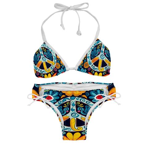 Peace Symbol Detachable Sponge Adjustable Strap Bikini Set Pack For