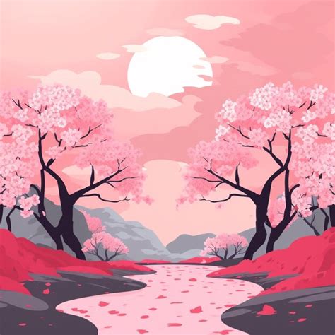 Há uma paisagem rosa árvores e um rio gerador ai imagem Premium